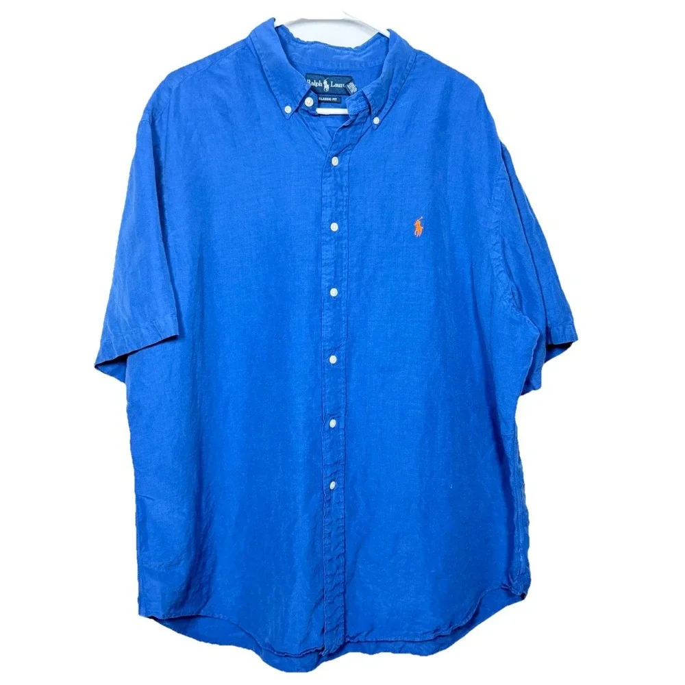 Ralph Lauren Linen Silk Camp Shirt Blue Classic Fit Button Down Mens XXL